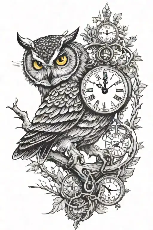 Owl Perched On A Branch With A Clock Inside