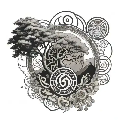 Tree Of Life With Yin Yang Symbol And Geometric Shapes And Greek Ruins Inn Background