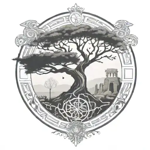 Tree Of Life Geometric Shapes And Greek Ruins Intertwined