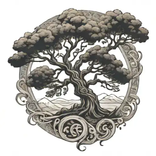 Tree Of Life With Greek Ruins And The Elements Of Earth