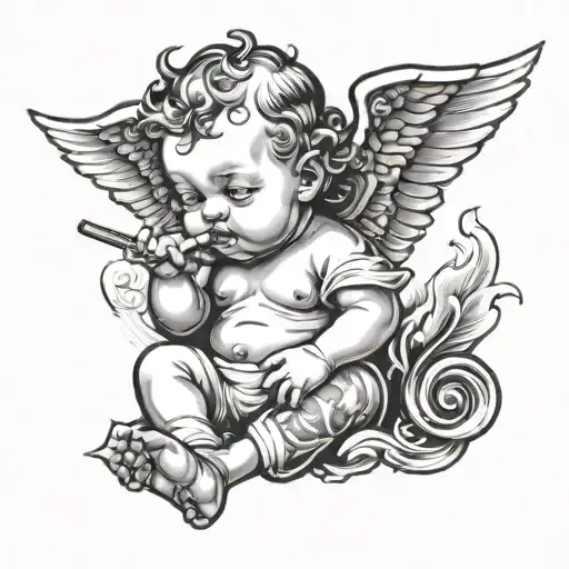 Old School Black Tattoo Of A Baby Angel Smoking A Cigarette