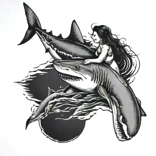 Shark And Girl Swimming Fine Line