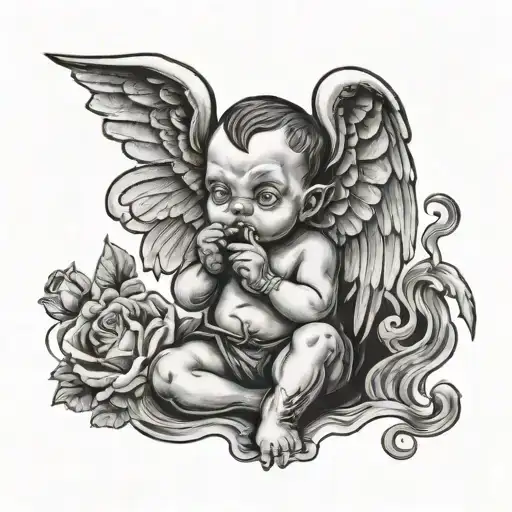Old School Black Tattoo Of A Baby Satanist Angel Smoking A Cigarette