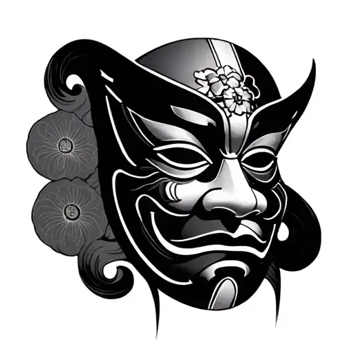 Japanese Mask Black And Grey With Centepide On It