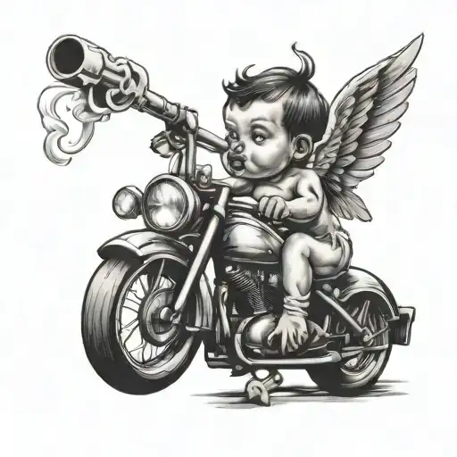 Old School Black Tattoo Of A Baby Angel Smoking A Cigarette On A Custom Bike