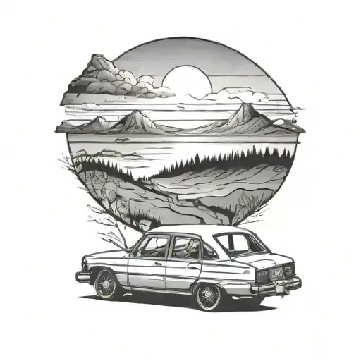A Couple Tattoo Watching A Sunset With Low Mountains In A Parked Car