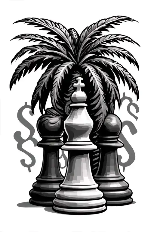 Palm Tree Chess Pieces And Dollar Signs