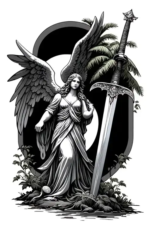 Palm Tree And Guardian Angel Holding A Sword