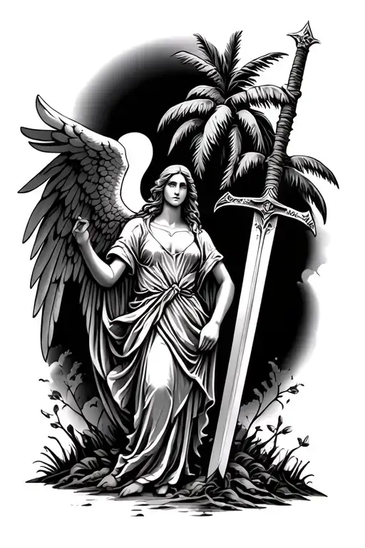 Palm Tree And Guardian Angel Holding A Sword