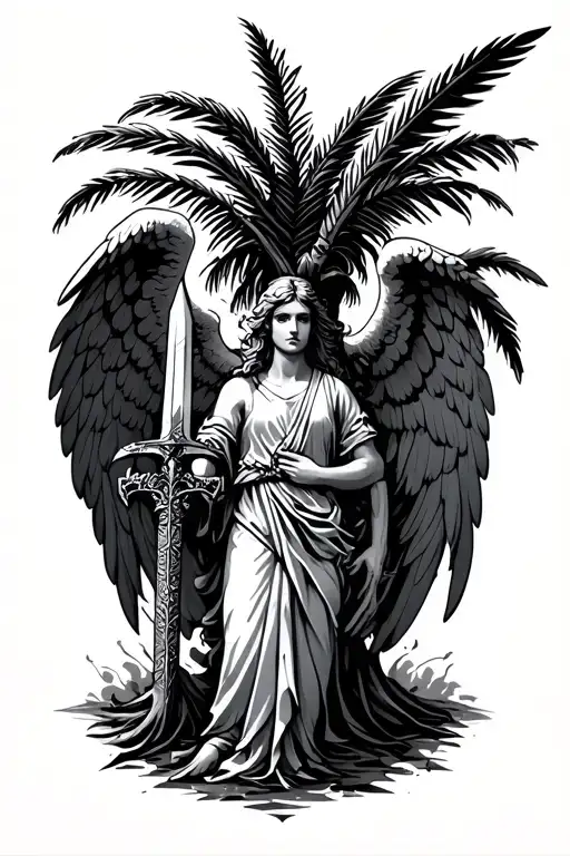 Palm Tree And Guardian Angel Holding A Sword