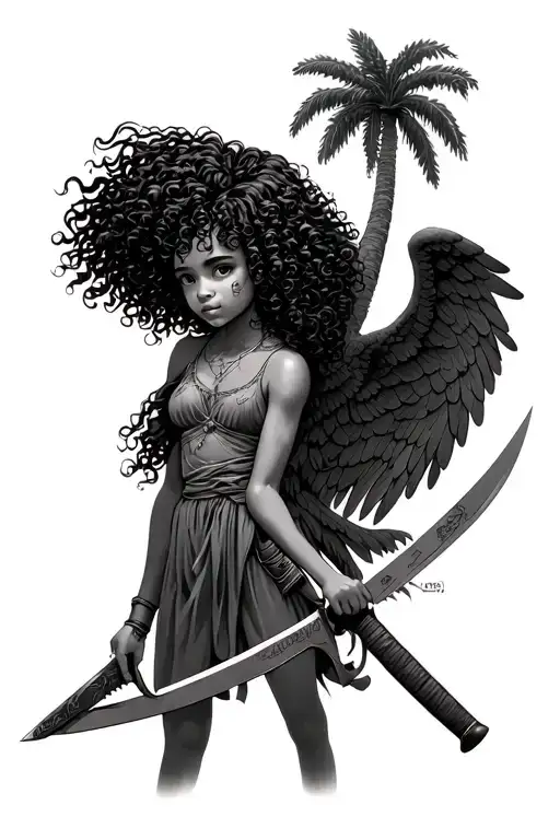 Palm Tree Guardian Angel Curly Hair Girl Holding Machete