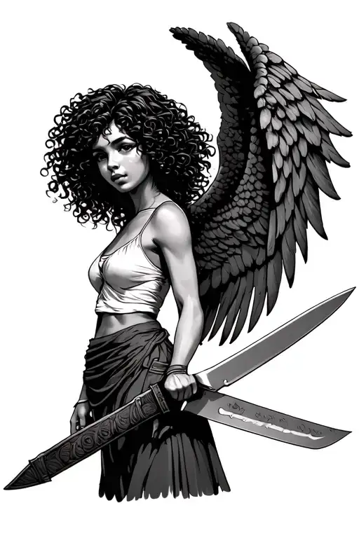Palm Tree Guardian Angel Curly Hair Girl Holding Machete