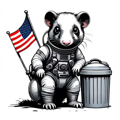 Cartoon Astronaut Opossum With Trash Can Flag