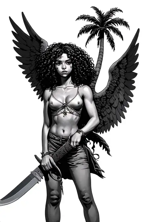 Palm Tree Guardian Angel Curly Hair Girl Holding Machete