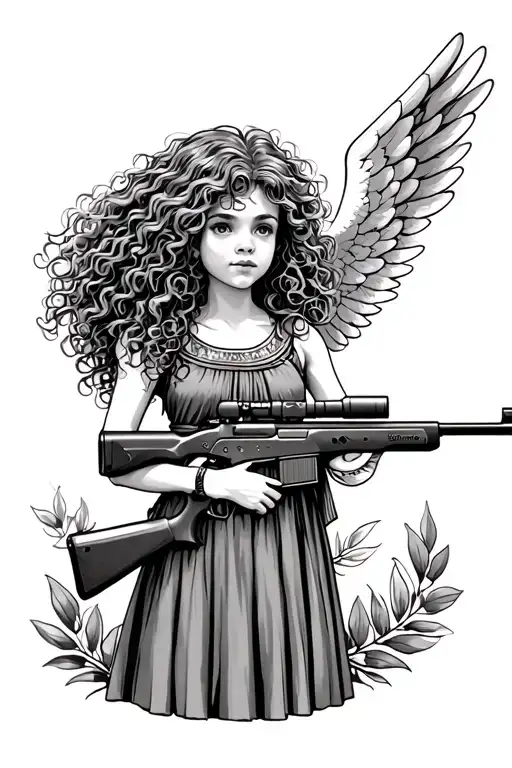 Palm Tree Angel Curly Hair Girl Holding Rifle