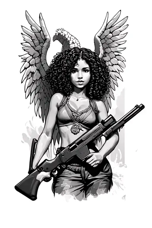 Palm Tree Latina Angel Curly Hair Girl Holding Rifle