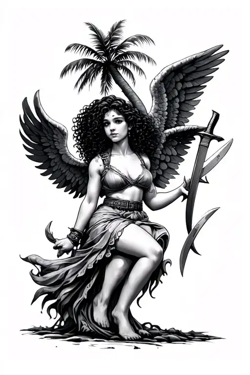 Palm Tree Latina Guardian Angel Curly Hair Girl With Machete