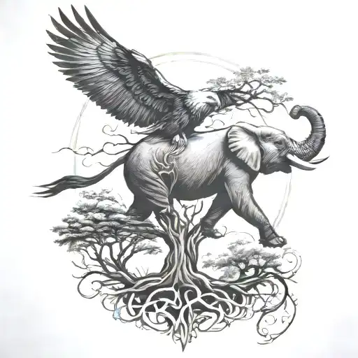 Treeof Life And Elephant And Eagle Soaring