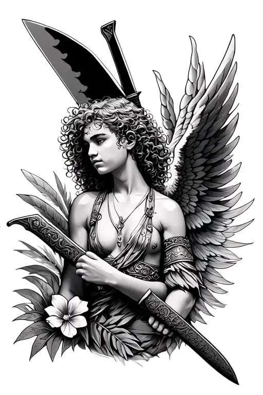 Tropical Guardian Angel With Curly Hair Holding Machete