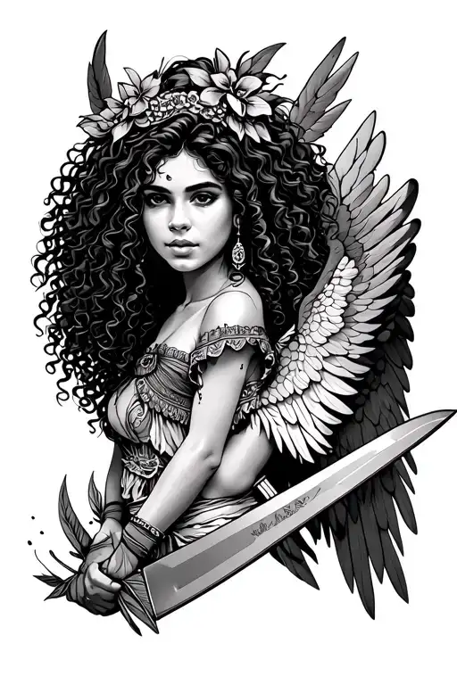 Tropical Latina Guardian Angel With Curly Hair Holding Machete
