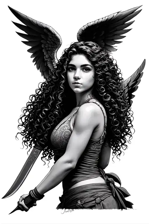 Tropical Mixed Guardian Angel Girl With Curly Hair Holding Machete