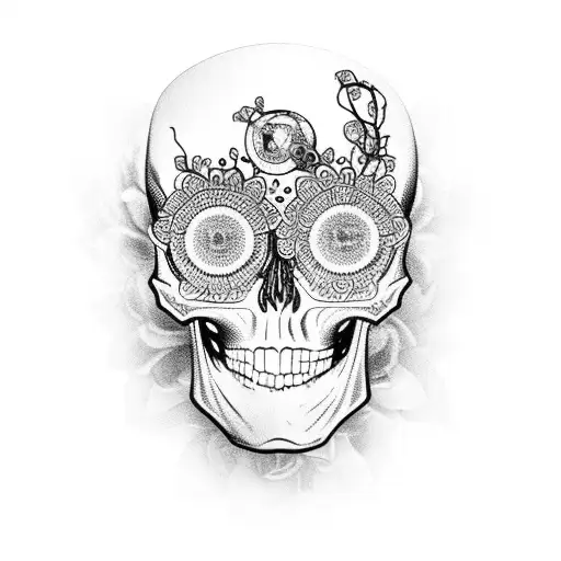 A Skull With Intricate Circuitry Patterns And Blooming Flowers Emerging From Its Eye Sockets