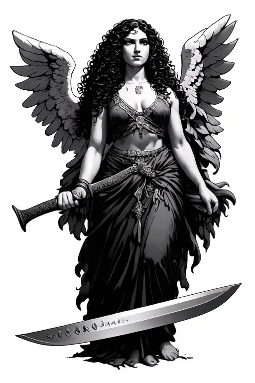 Curly Hair Latina Guardian Angel Holding A Machete