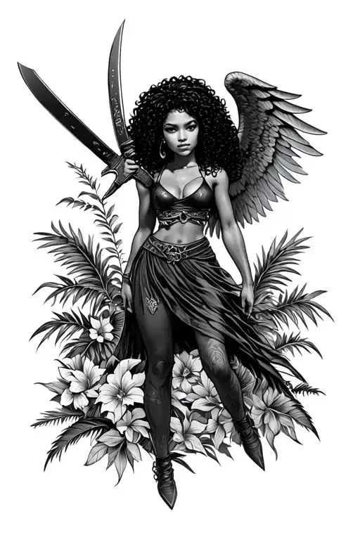 Tropical Curly Hair Black Guardian Angel Girl With Machete