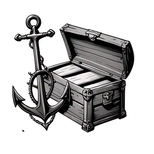 Admiralty Anchor Leaning On Open Tteasure Chest With A Wheel Leaning On Chests Side
