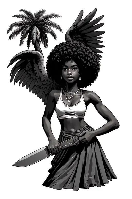 Palm Tree Guardian Angel Afro Hair Girl Holding Machete