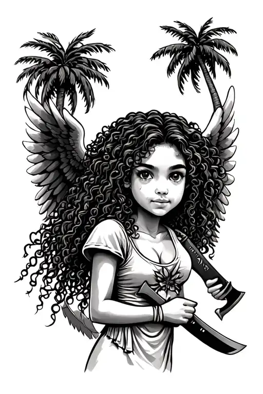 Palm Tree Guardian Angel Curly Hair Girl Holding Machete