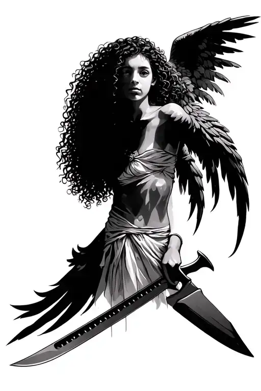 Guardian Angel Curly Hair Girl Holding Machete Palm Tree