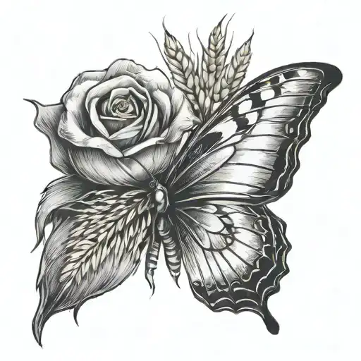 Butterfly With A Wheat Ear Wing And A Rose