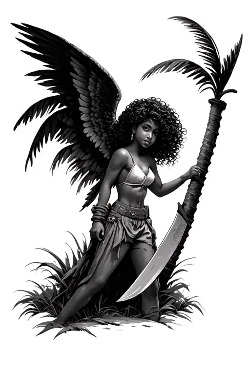 Guardian Angel Curly Hair Latina Girl Holding A Machete Under A Palm Tree