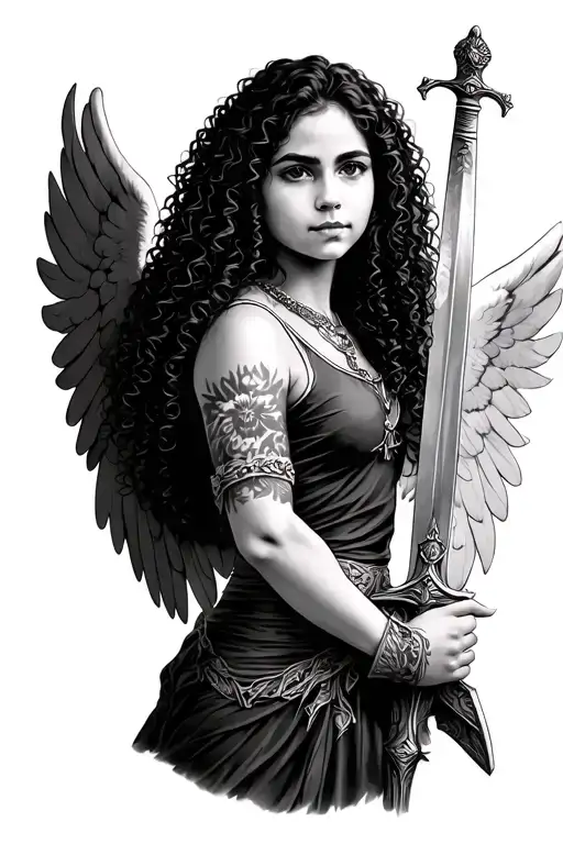 Guardian Angel Curly Hair Latina Girl With Sword