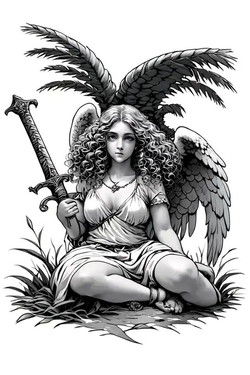 Angel Girl With Curly Hair Under A Palm Tree With A Sword
