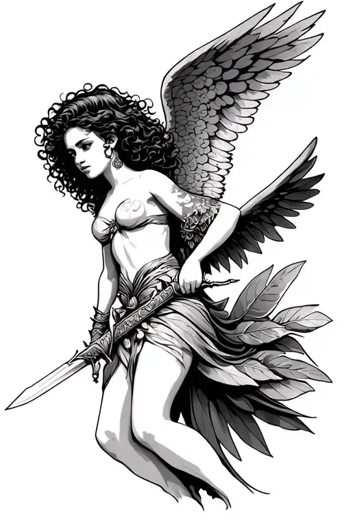 Tropical Latina Angel With Curly Hair With A Sword