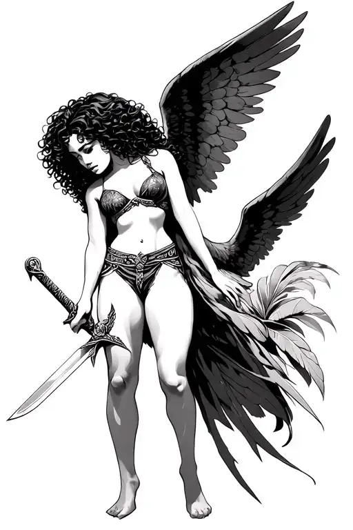 Tropical Latina Angel With Curly Hair With A Sword