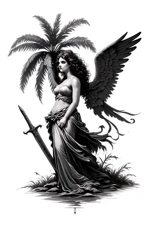 Female Guardian Angel With Curly Hair And Sword Under Palm Tree