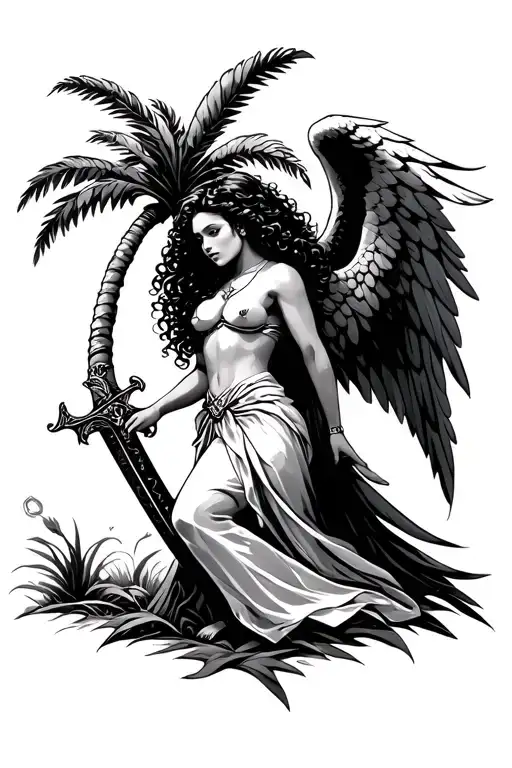 Female Tan Latina Guardian Angel With Curly Hair And Sword Under Palm Tree