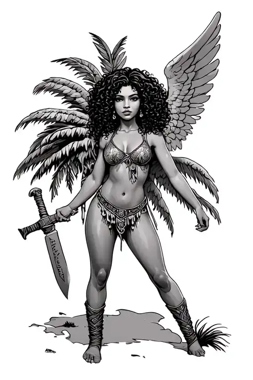 Female Tan Latina Guardian Angel With Curly Hair And Machete Under A Palm Tree