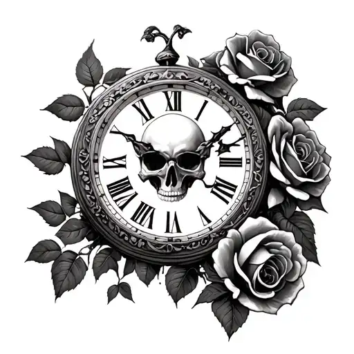 Skull Roses Old Fasion Clock With Trees Growing