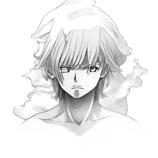 Black And Grey Portrait Of A Famous Anime Character With Elements Of Greek Mythology Incorporated