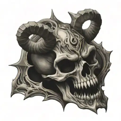 Demon Skull Crushed On The Ground With Curvy Horns And Sharp Teeth