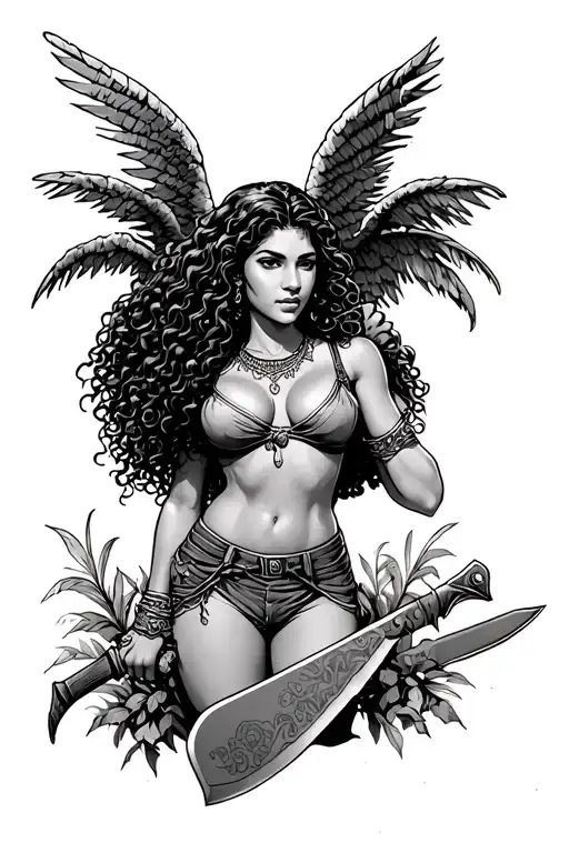 Female Latina Guardian Angel With Curly Hair And Machete Under A Palm Tree