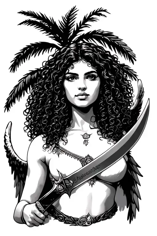 Female Latina Guardian Angel With Curly Hair And Machete Under A Palm Tree