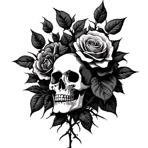 Rose Bush With Thorns Surrounding A Skull