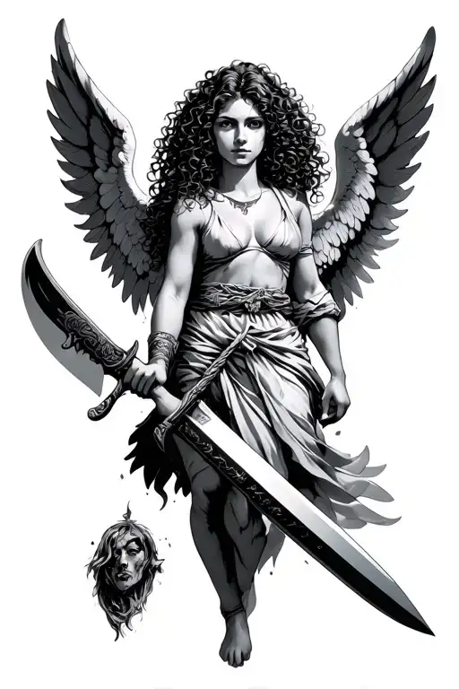 Female Guardian Angel With Curly Hair Holding Long Machete