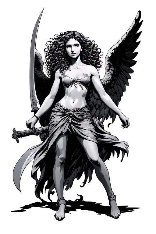 Female Guardian Angel With Curly Hair Holding Long Machete