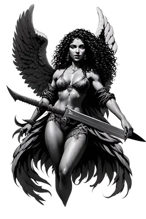 Female Latina Guardian Angel With Curly Hair Holding Long Machete